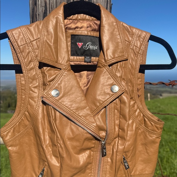 Y2K Guess Faux Leather Vest Brown Motorcycle Retro small - Picture 2 of 5